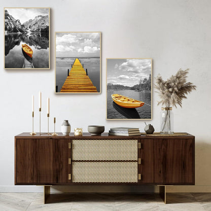 Bilder Rahmen Holz Landschaft Natur Wandbild Grau Gelb Nordischer Boot