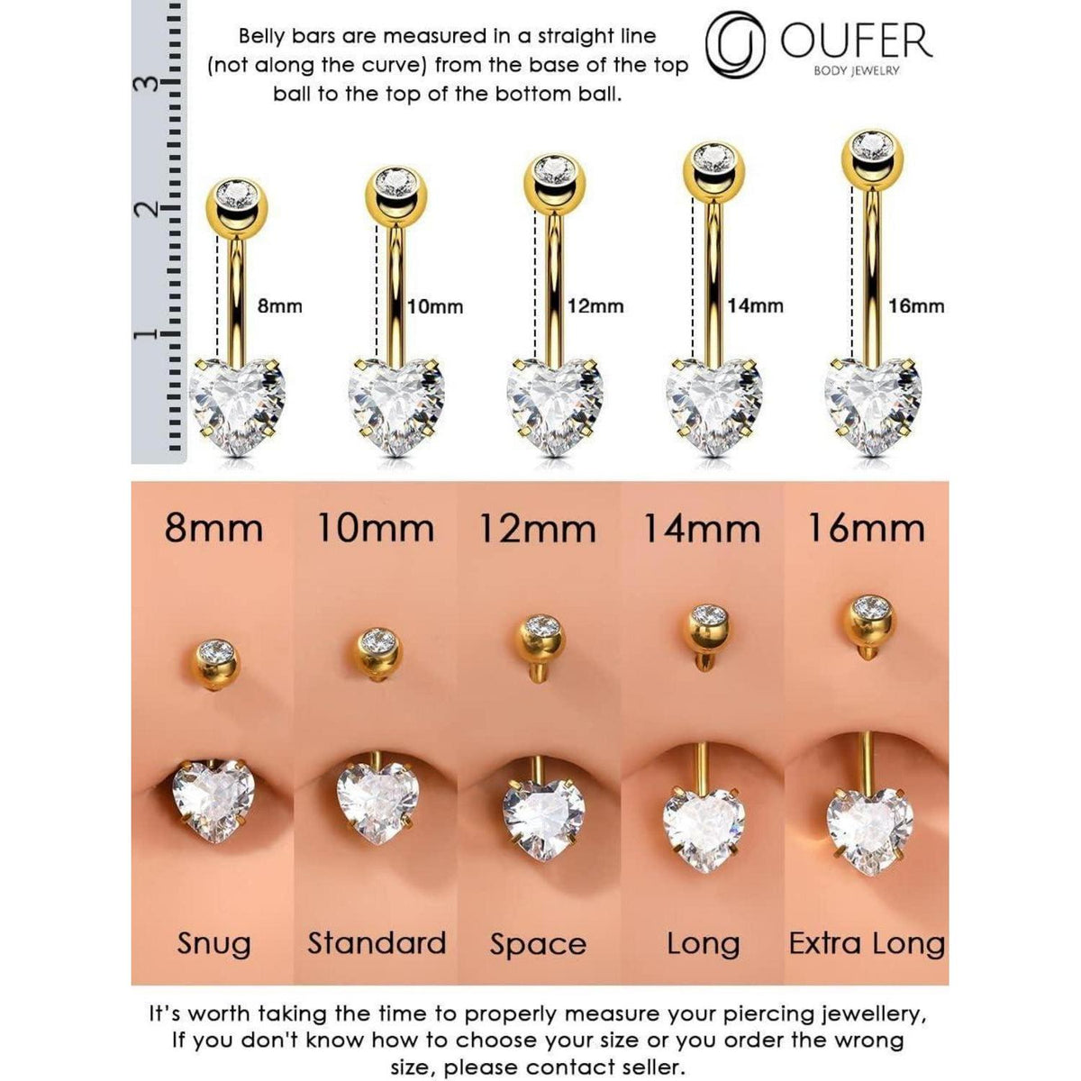 Bauchnabelpiercing Titan Herz mit Zirkonia, 14G 8mm Gold
