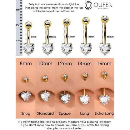 Bauchnabelpiercing Titan Herz mit Zirkonia, 14G 8mm Gold
