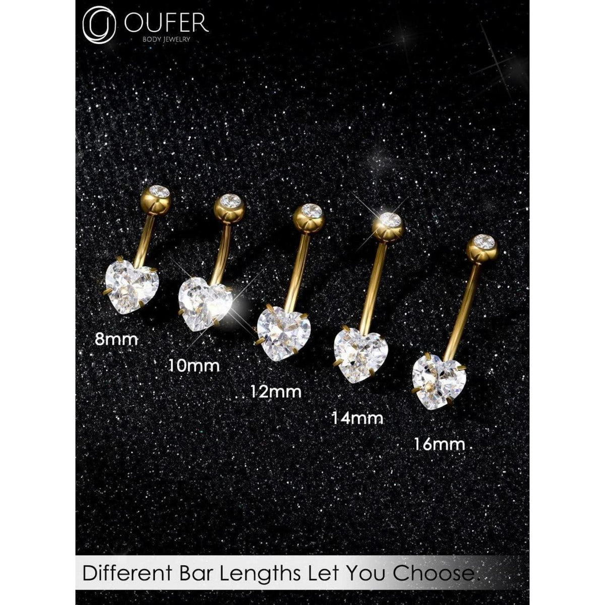 Bauchnabelpiercing Titan Herz mit Zirkonia, 14mm, 1.6mm