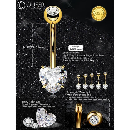 Bauchnabelpiercing Titan Herz mit Zirkonia, 14mm, 1.6mm