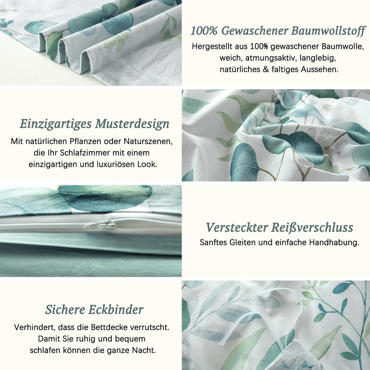 MILDLY Bettwäsche 155x220 Baumwolle Pflanzenmuster, ÖkoTex Zertifiziert, Allergiker geeignet, 2tlg. Salbeigrün