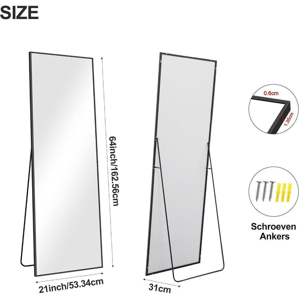 Ganzkörperspiegel 161x52cm Standspiegel mit Aluminiumrahmen Schwarz