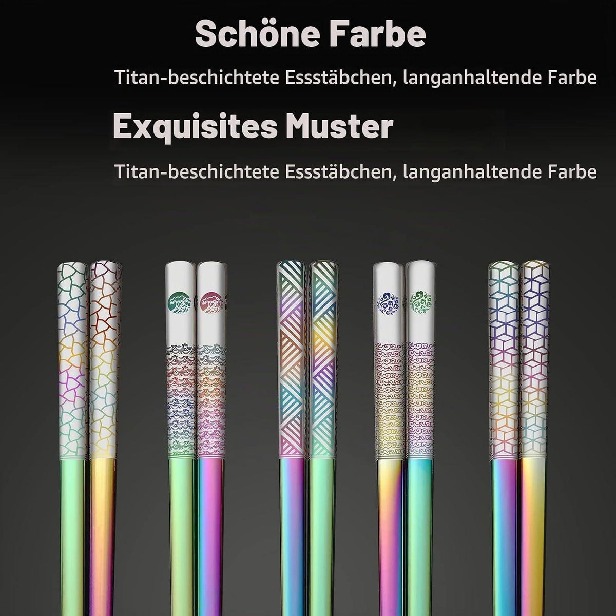 Edelstahl Essstäbchen Set 5er Pack - Japanischer Stil, Regenbogenfarben
