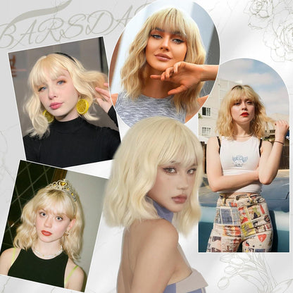 Kurze Bob Perücke Blond Synthetisch Lockig 35cm Party