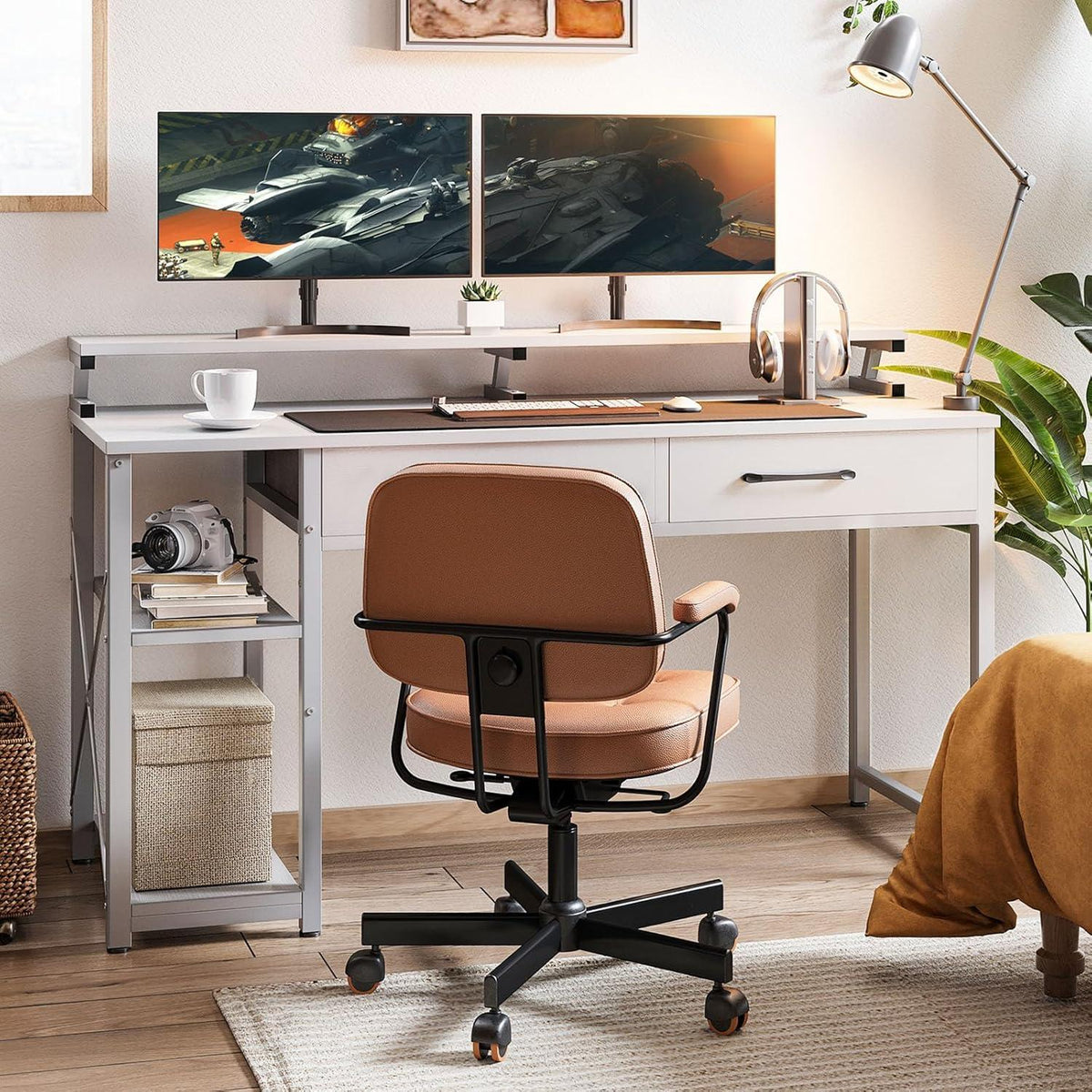 ODK Weißer Schreibtisch mit 2 Schubladen und Regalen 120x50x87cm