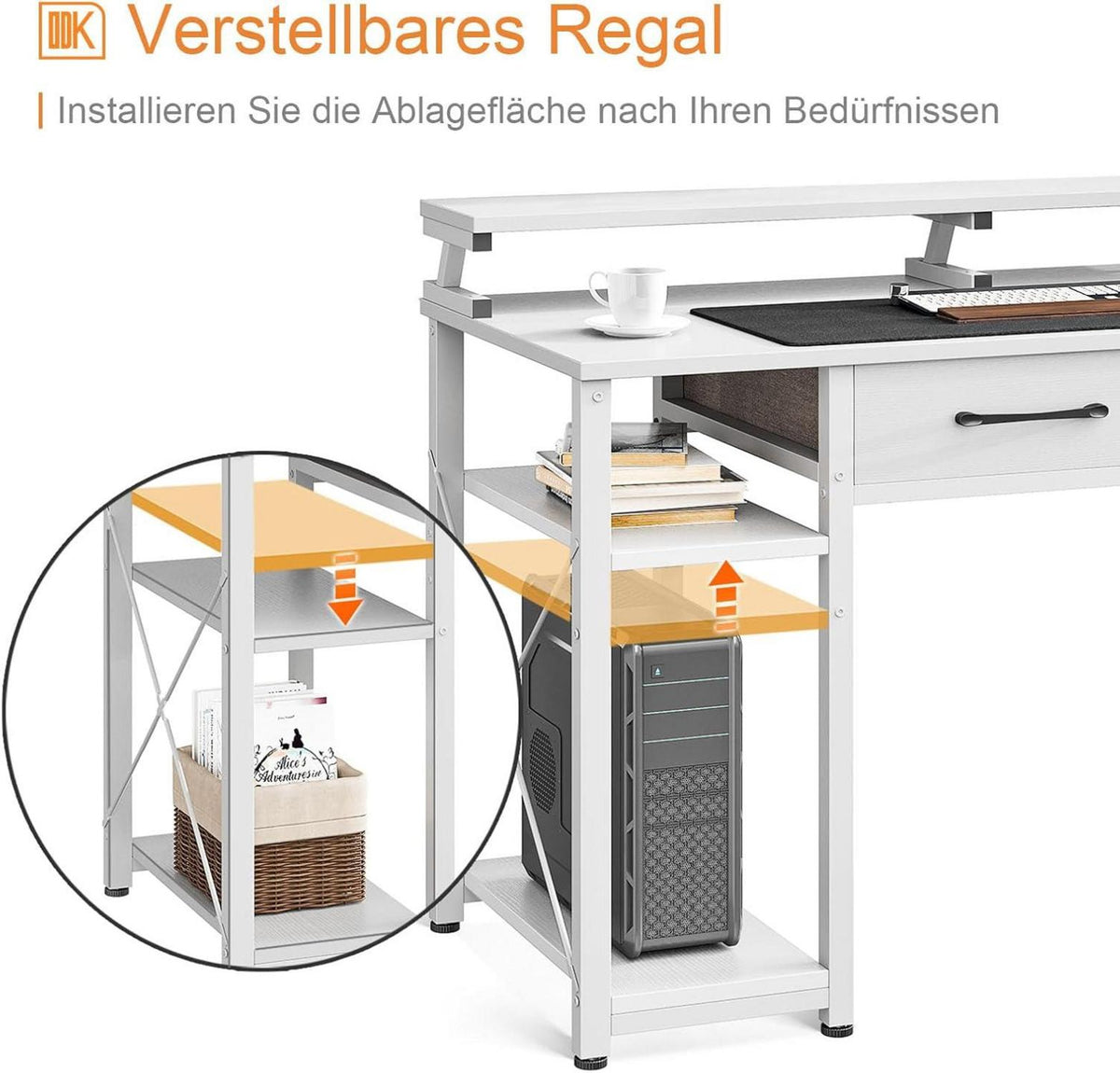 Schreibtisch Weiß mit 2 Schubladen, Regal und Monitorständer