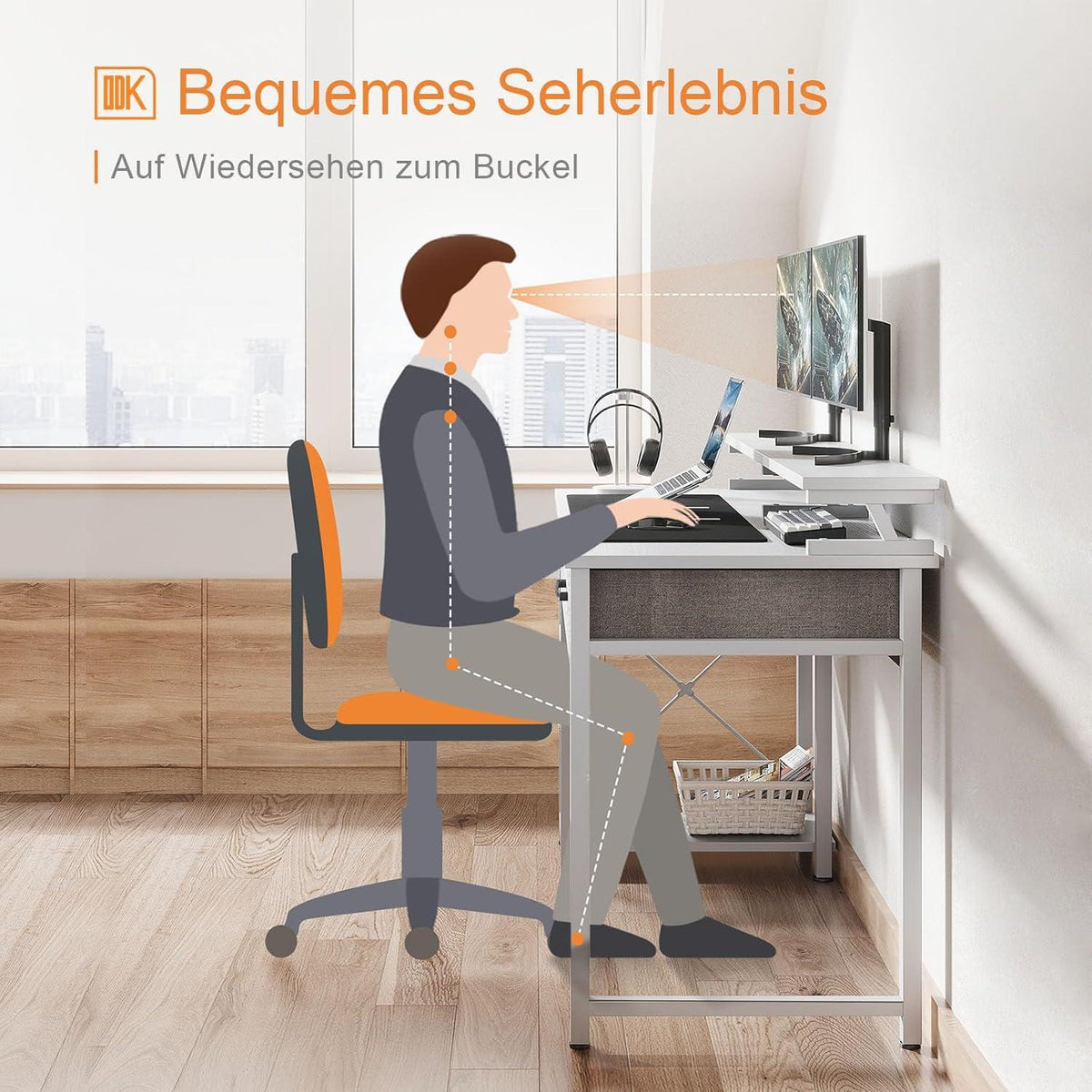 ODK Schreibtisch Weiß 2 Schubladen Monitorständer Regale 120x50x87cm