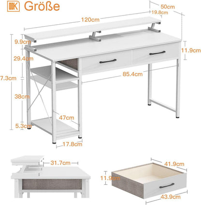 ODK Weißer Schreibtisch mit 2 Schubladen und Regalen 120x50x87cm