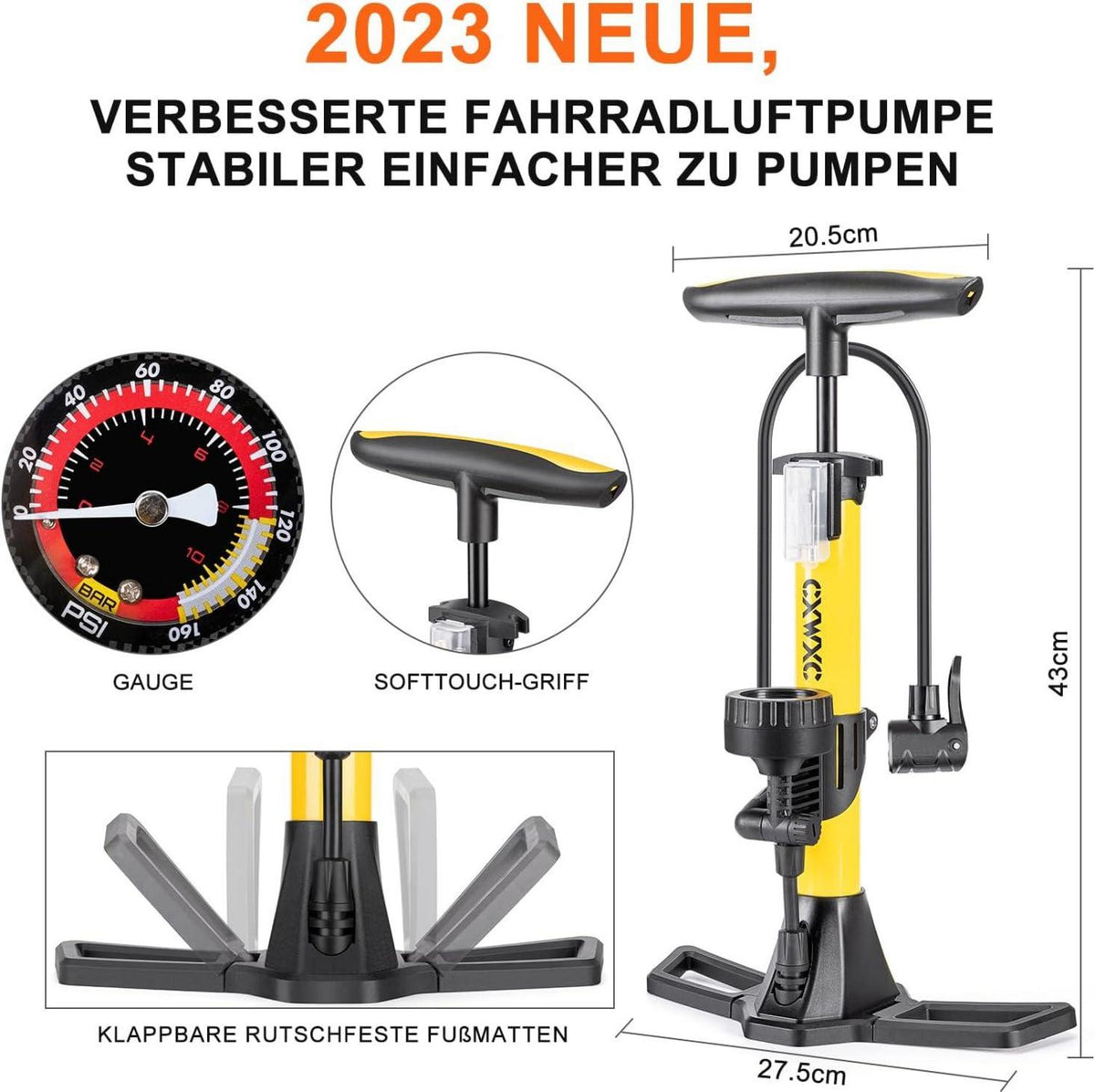 Luftpumpe Fahrrad mit Manometer 11 Bar Standpumpe Rennrad E-BikeanosMountainbike