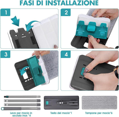 Wischmopp Set mit Eimer 2 In 1, 6 Mikrofaser