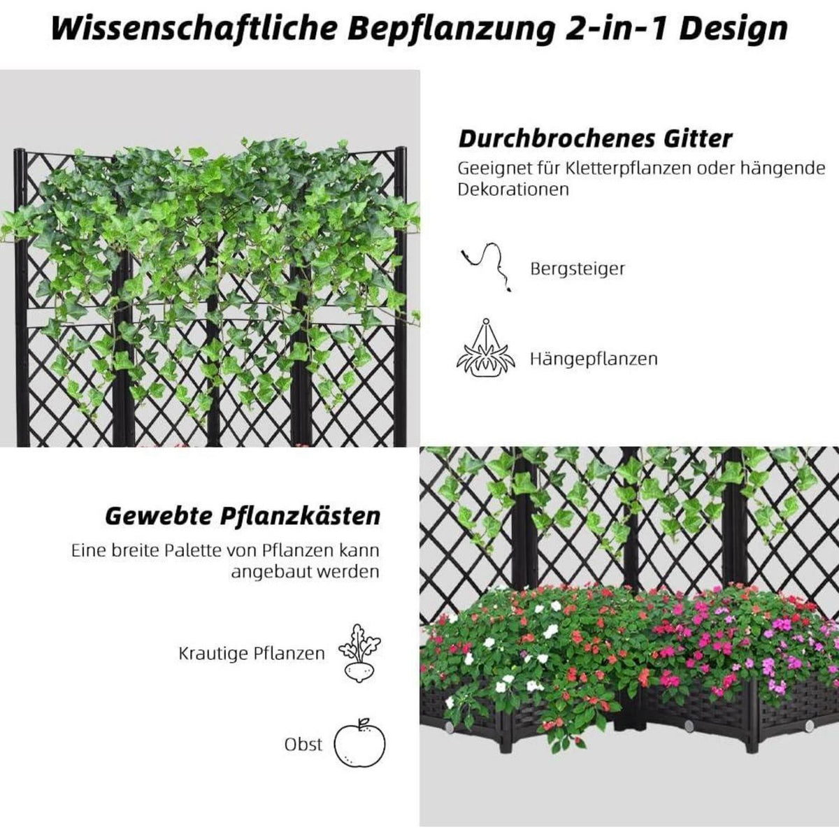Hochbeet mit Rankgitter & Selbstbewässerung Schwarz