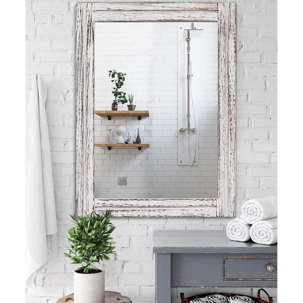 Großer rustikaler Wandspiegel 70x50cm – Holzrahmen, Badezimmer & Deko