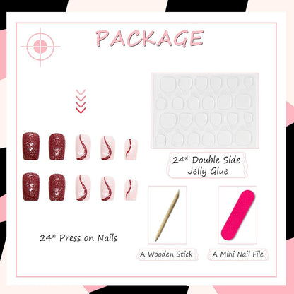 24er Set Rote Press On Nägel Künstliche Fingernägel Vollcover French Nägel