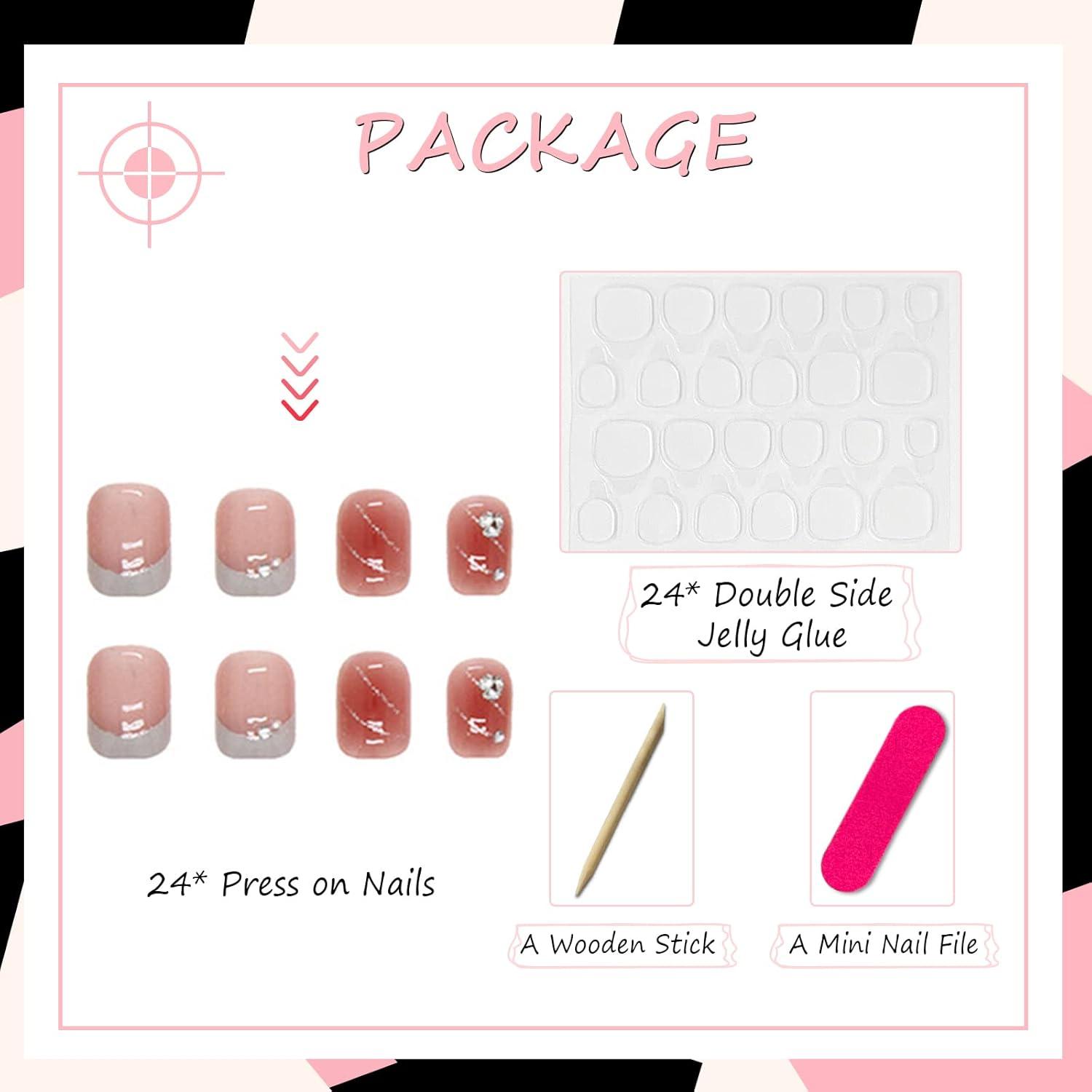 24 Stück Eckige Kurze Künstliche Nägel mit Strass Design