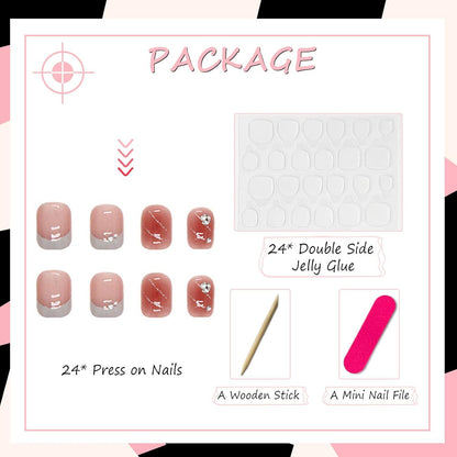 24 Stück Eckige Kurze Künstliche Nägel mit Strass Design