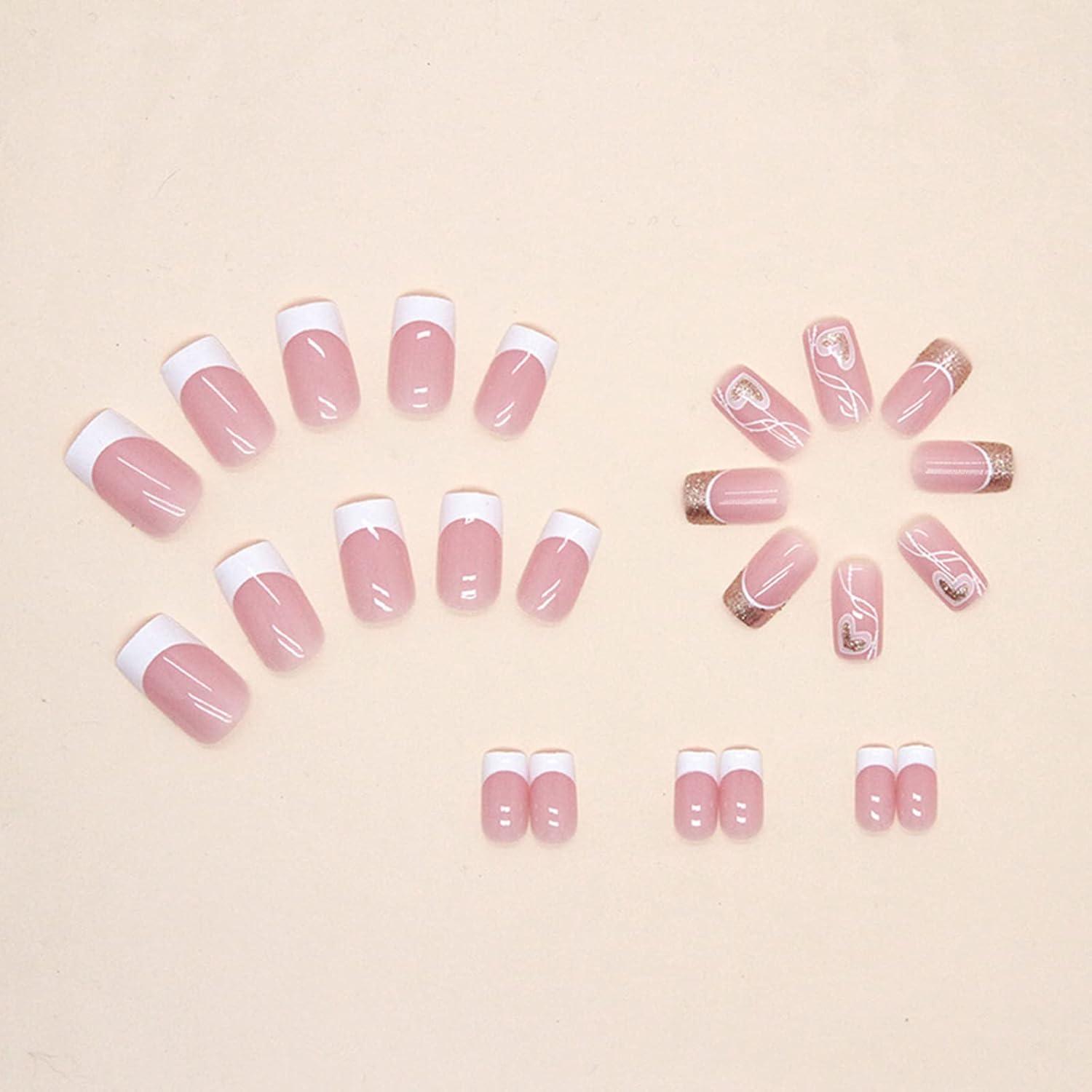 24er Valentinstag Glitzer Herz Nägel - Press on Nails, Rosa Fake Nägel