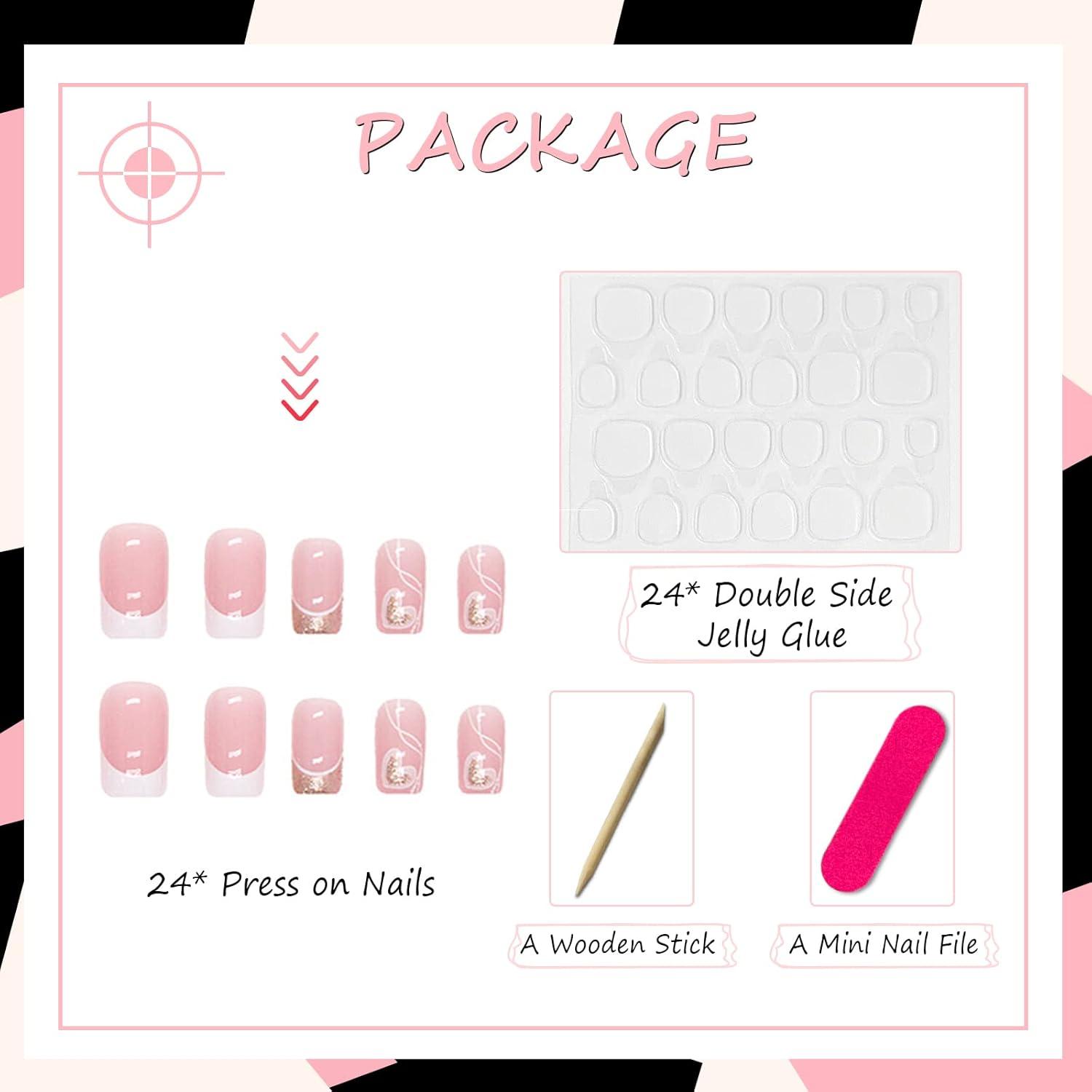 24er Set Rosa Herz Falsche Nägel Press-on Nails Glitzer French Kunstnägel