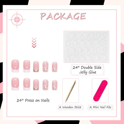 24er Set Rosa Herz Falsche Nägel Press-on Nails Glitzer French Kunstnägel