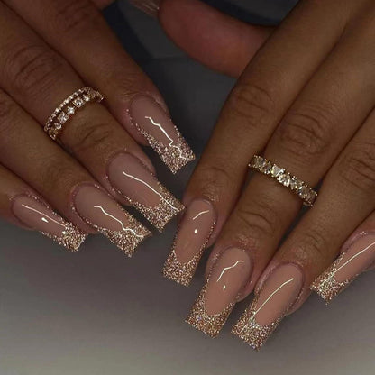 24 Stück Eckig Press on Nägel Rosa Gold Glitzer Acryl Fingernägel