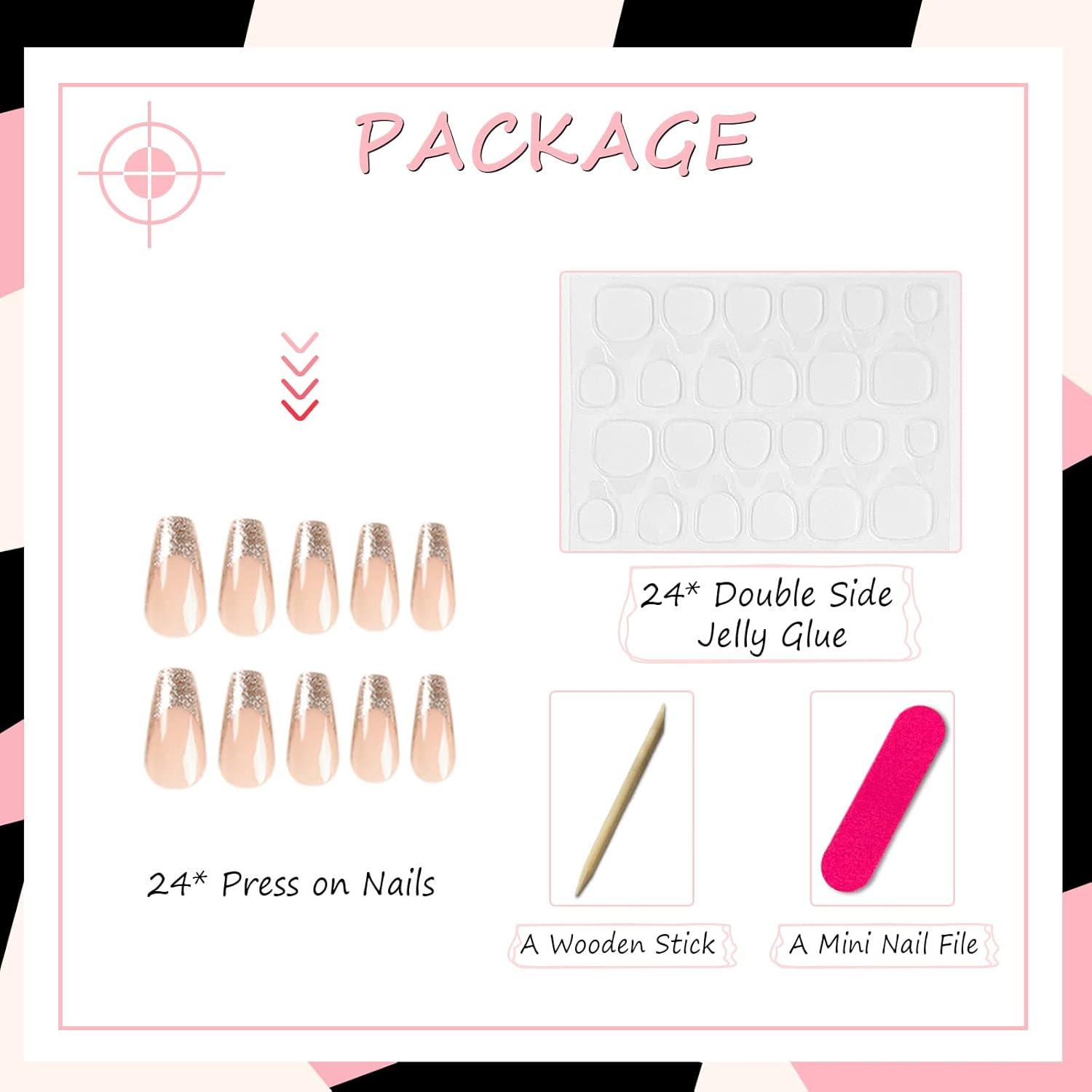 24Stück Eckig Nägel Mittellang Rosa Gold Glitzer French Press on Nägel