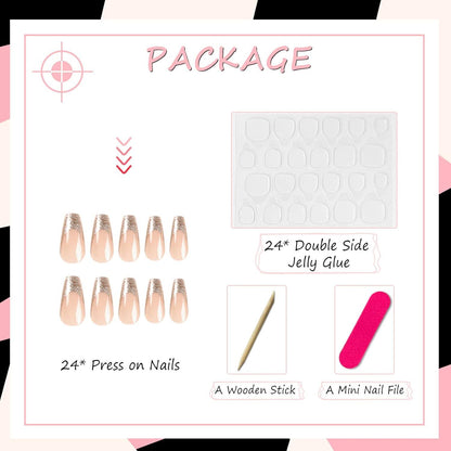 24Stück Eckig Nägel Mittellang Rosa Gold Glitzer French Press on Nägel