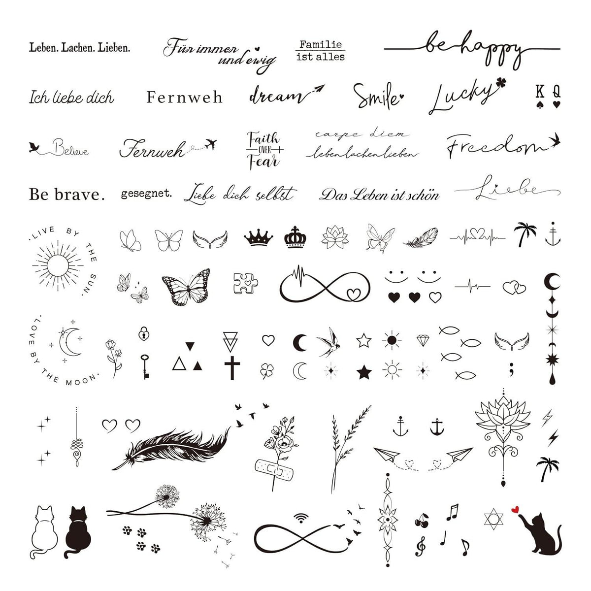 Temporäre Tattoos Schriftzug Inspirierende Sprüche Schwarz 120+pcs