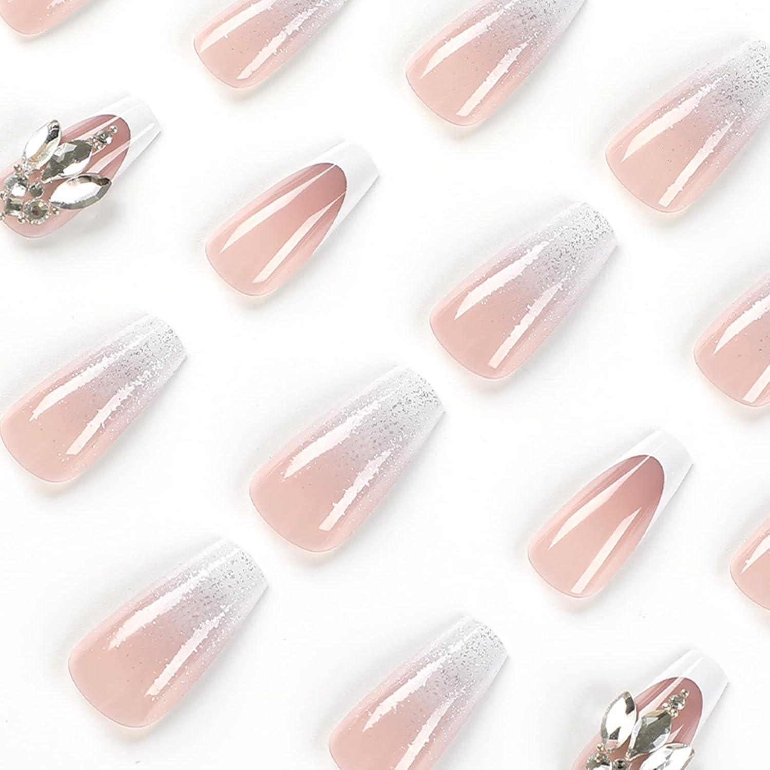 24 Stück Press on Nägel Künstliche Nägel Strass Weiß Rosa French Acryl