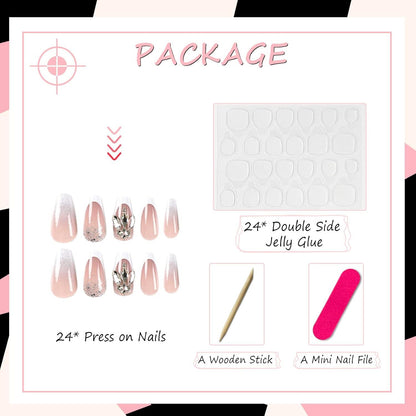 24 Stück Press on Nägel Mittellang Acryl Kunstnägel Glänzend Weiß Rosa French