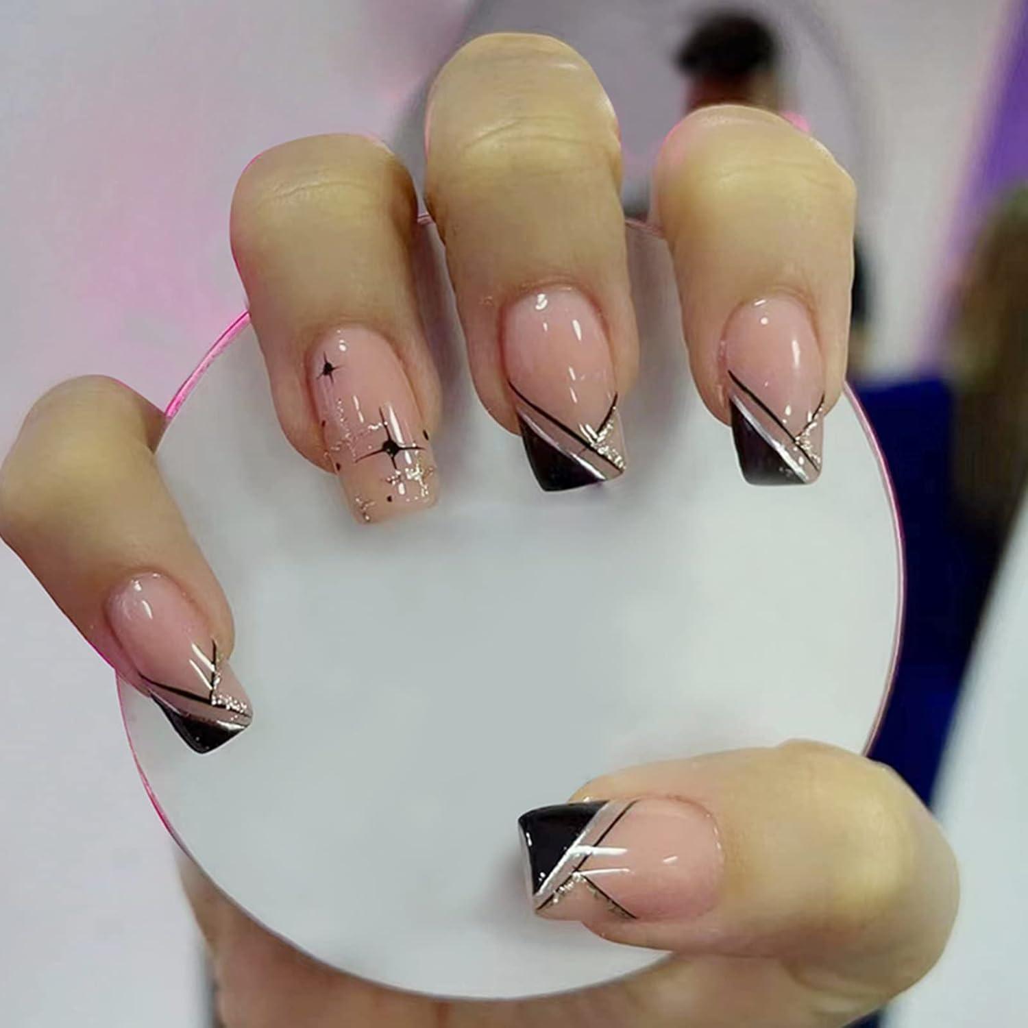24 Stück Eckig Nägel Aufkleben Schwarz French Tip Nägel Kit