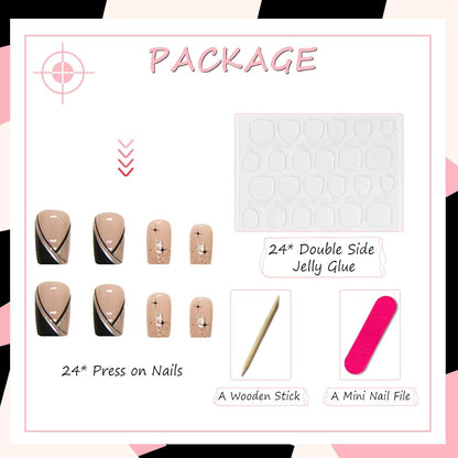 24 Stück Schwarze Eckige Press On Nägel French Tip Full Cover Falsche Nägel