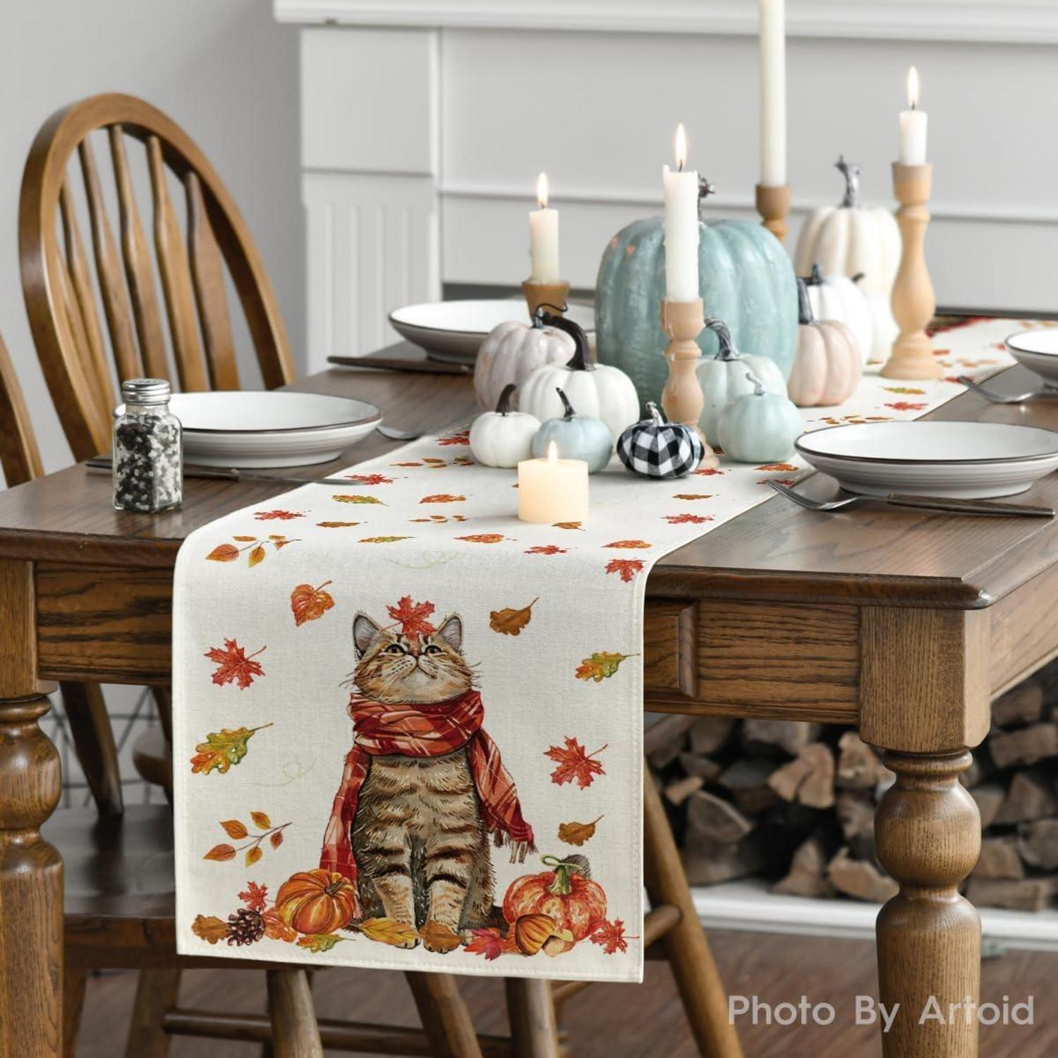 Herbst Tischläufer Katze Kürbisse Ahornblätter 40x240 cm Beige