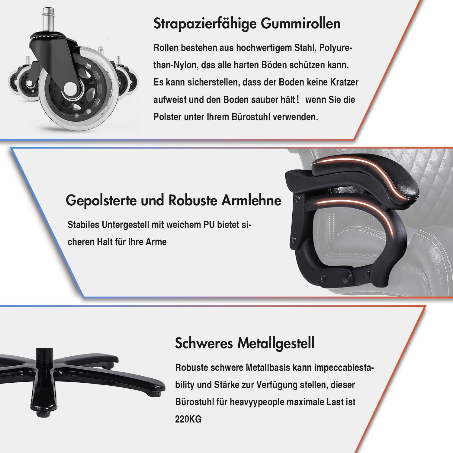 Großer Bürostuhl 200kg Belastbarkeit Leder schwarz ergonomisch