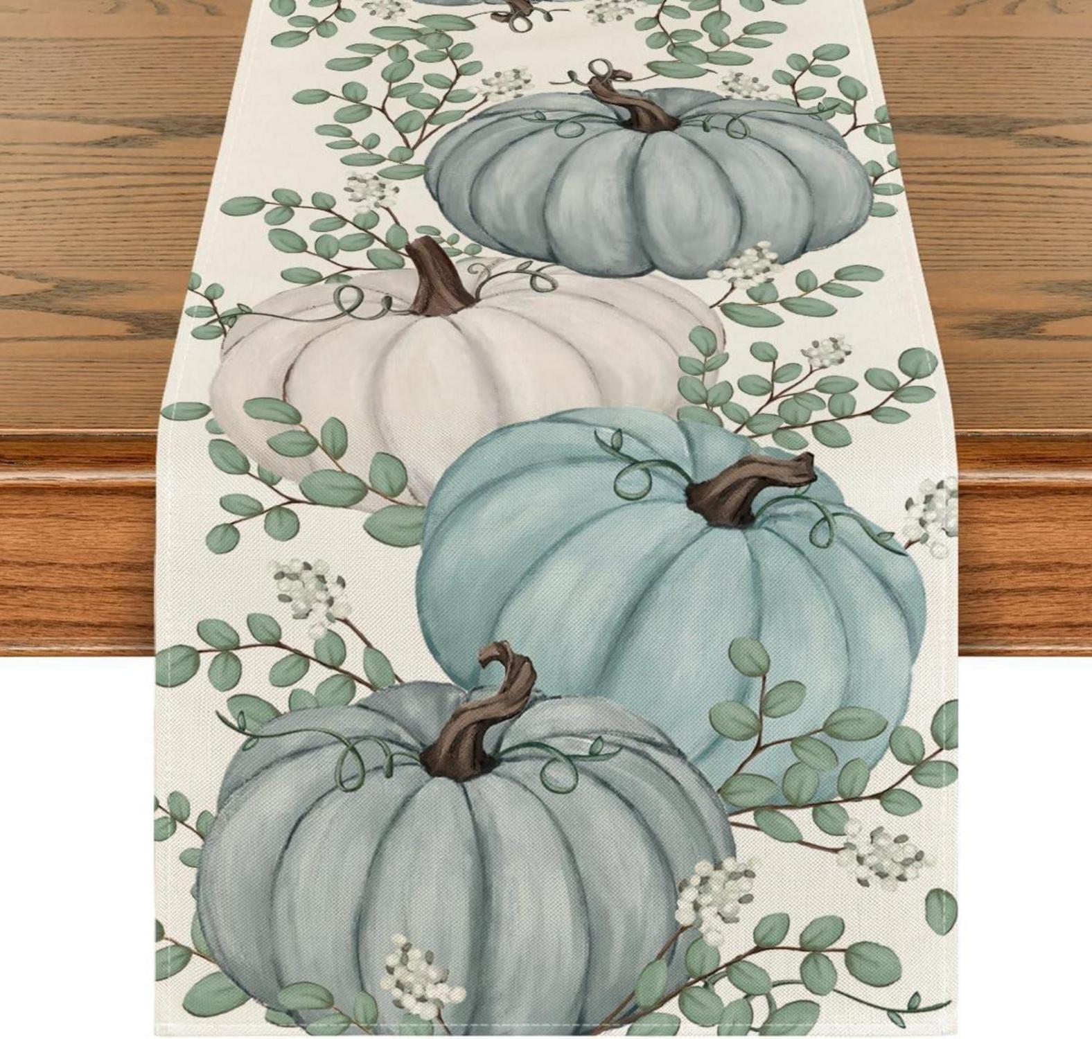 Herbst Tischläufer Blau Kürbisse Eukalyptus 40x100 cm