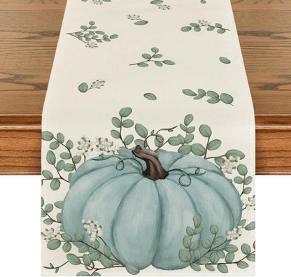Herbst Tischläufer Blau Kürbisse Eukalyptus Dekoration 40x240 cm