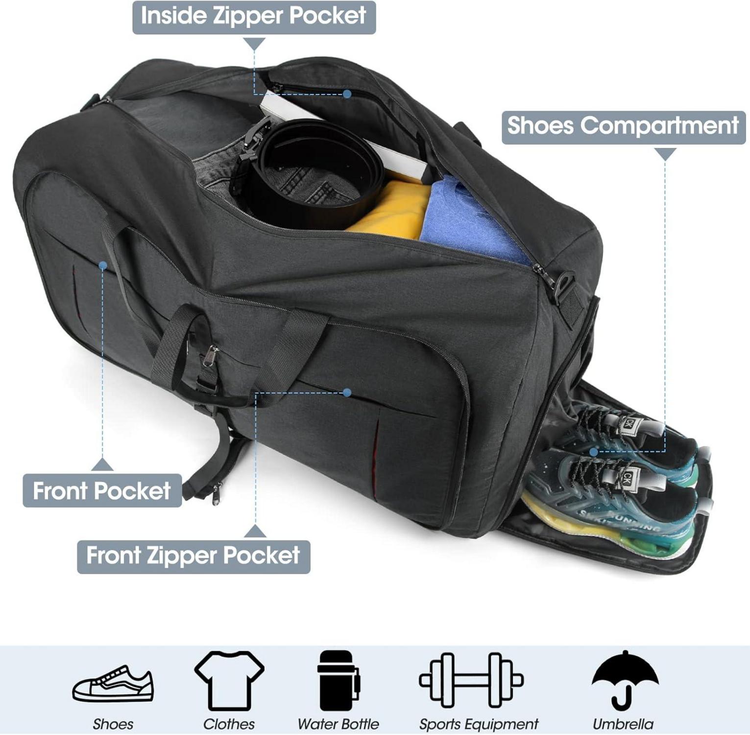 Schwarze Faltbare Reisetasche 80L Sporttasche mit Schuhfach