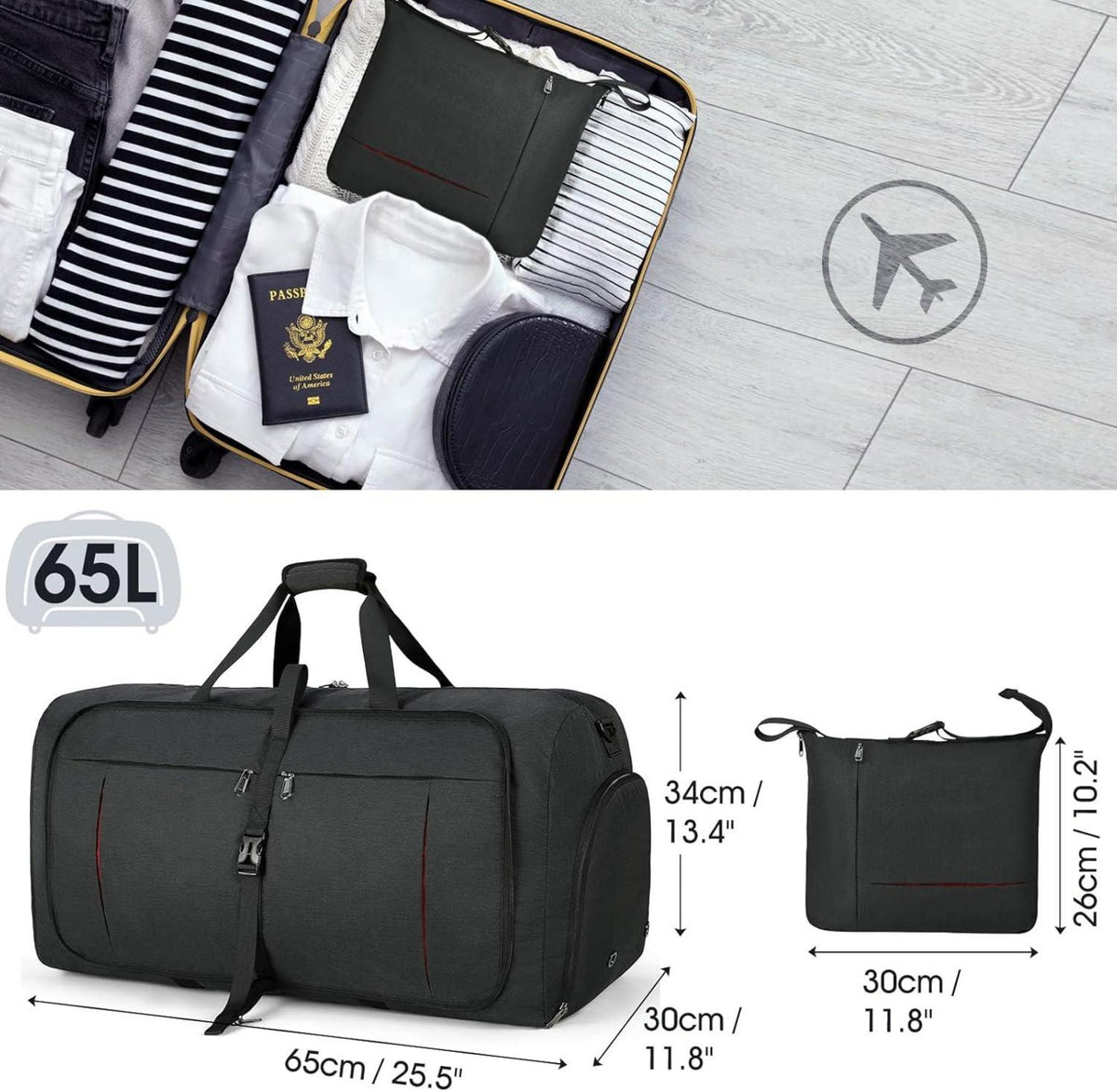 Faltbare Reisetasche Groß 65L Sporttasche Herren Damen Schwarz