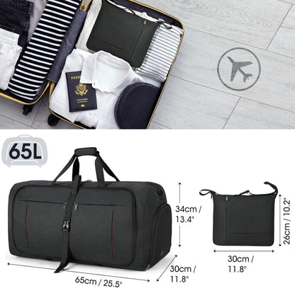 Faltbare Reisetasche Groß 65L Sporttasche Herren Damen Schwarz