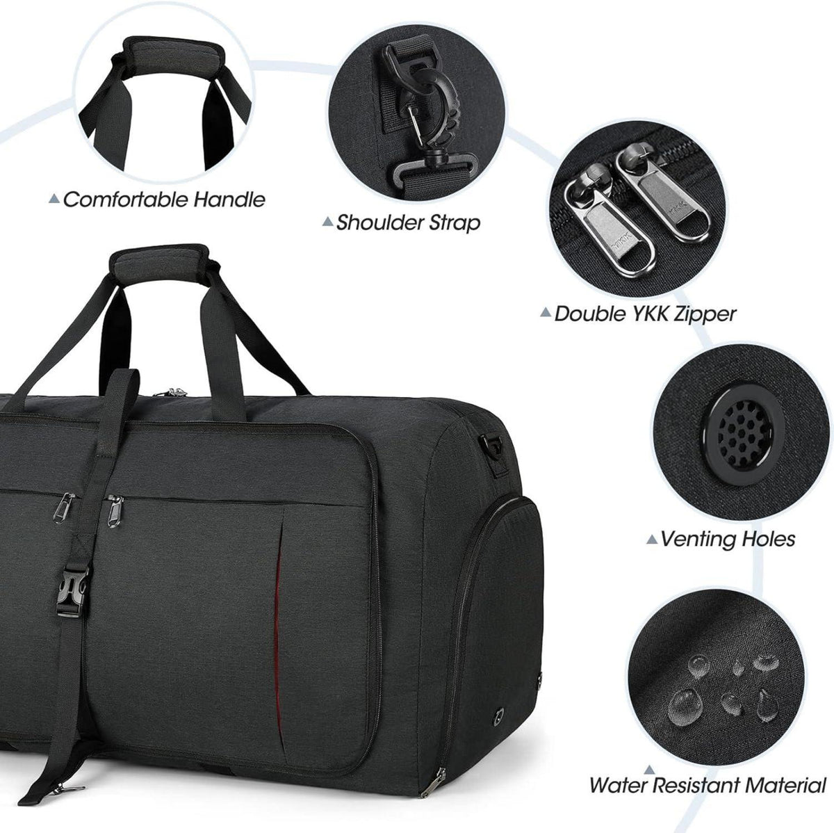 Faltbare Reisetasche 65L Sporttasche Herren Damen Schwarz