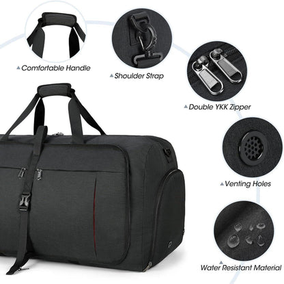 Faltbare Reisetasche 65L Sporttasche Herren Damen Schwarz