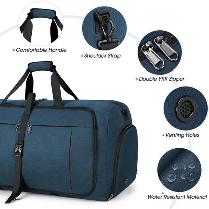 Faltbare Reisetasche 65L Sporttasche Schuhfach Weekender Handgepäck Blau