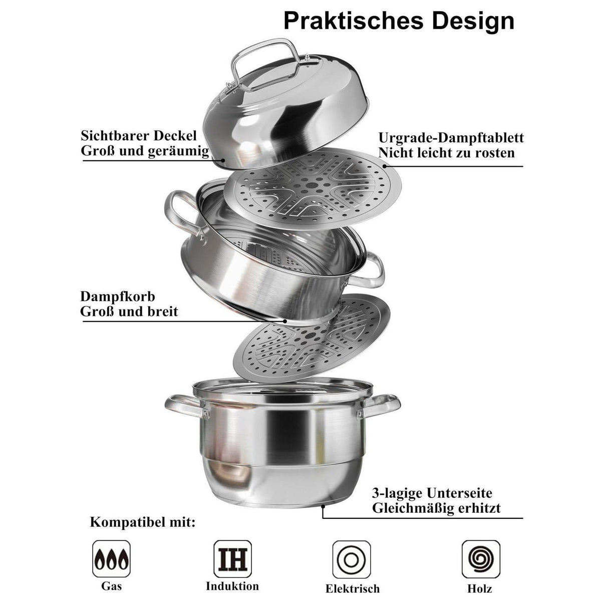 Dampfgarer Edelstahl 3 Etagen – Induktionstauglich 28cm