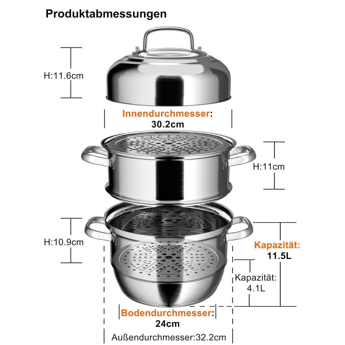 Dampfgarer Edelstahl 3 Etagen – Induktionstauglich 32cm
