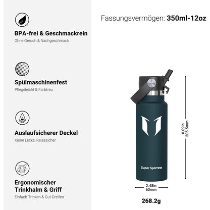 Edelstahl Thermosflasche mit Strohhalm 350ml C-Jade