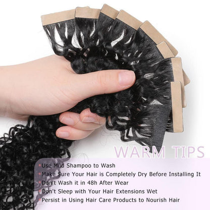 Echthaar Tape Extensions Schwarz Kinky Curly 16 Zoll