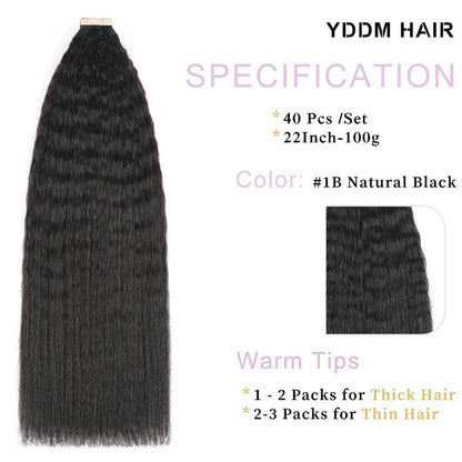 Echthaar Tape Extensions Schwarz Kinky Straight 22 Zoll