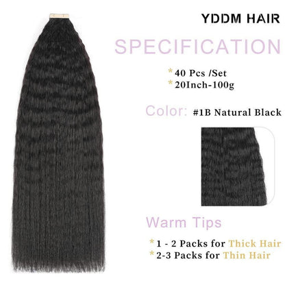 Echthaar Tape Extensions Schwarz Kinky Straight 20 Zoll