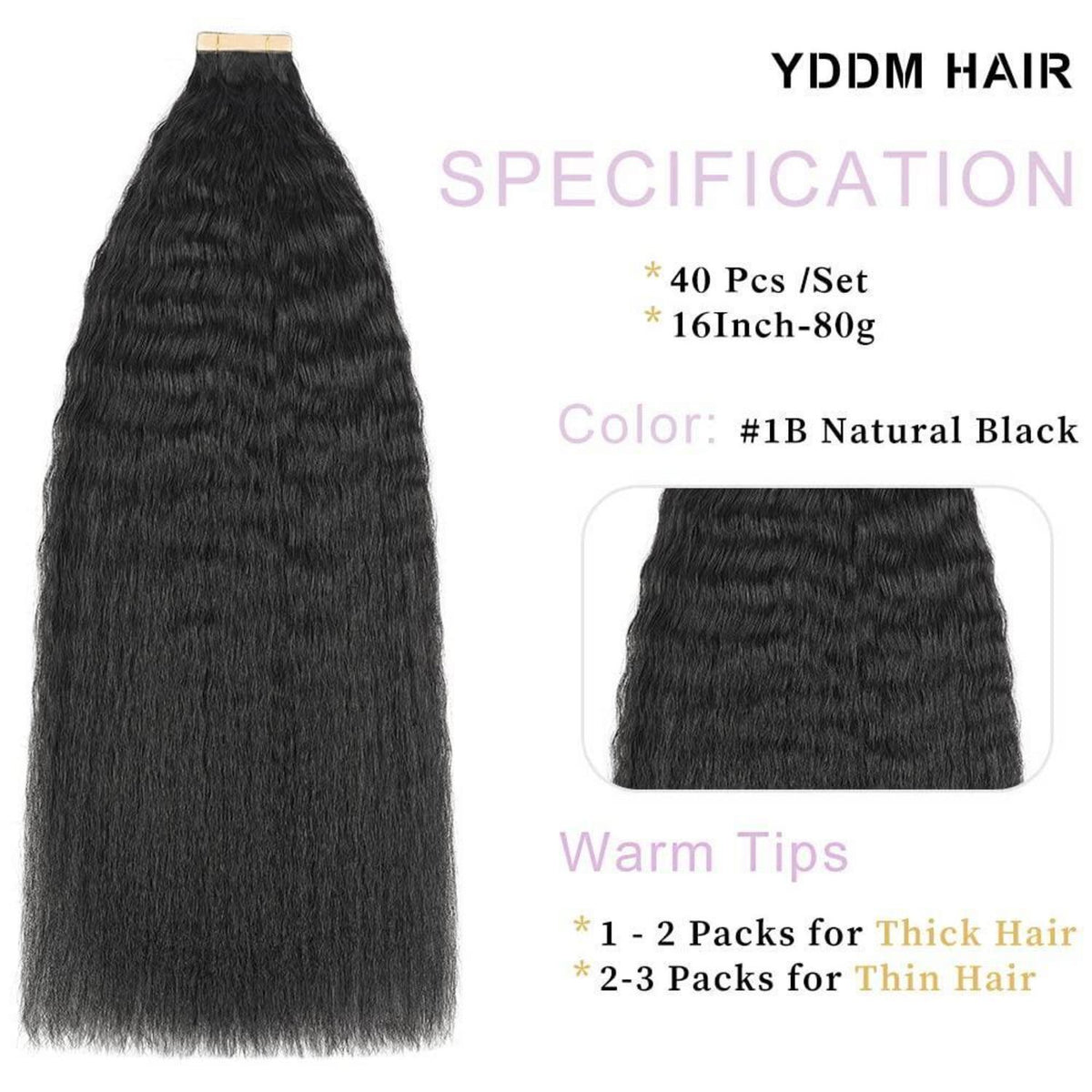 Echthaar Tape Extensions 16 Zoll Kinky Straight Schwarz