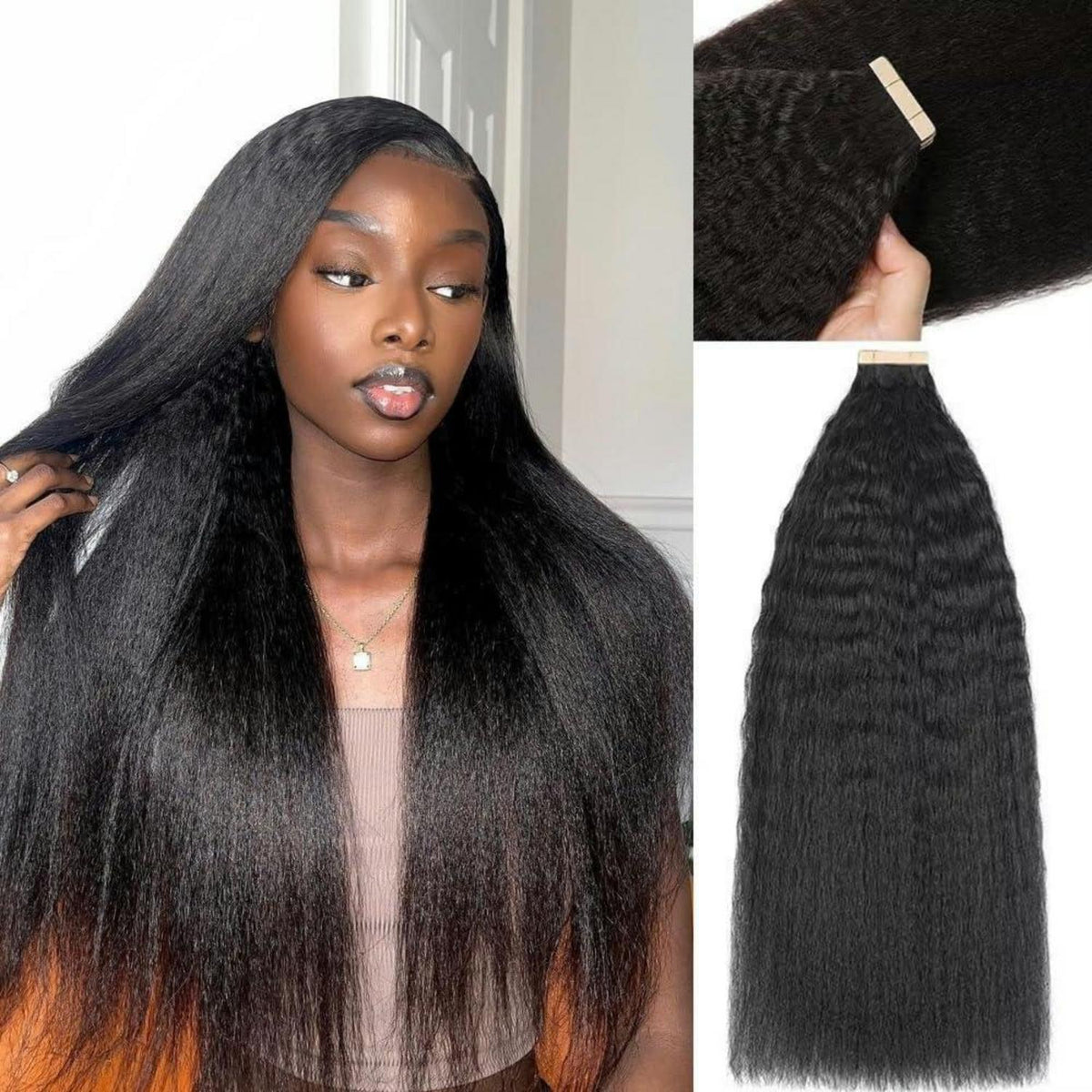 18 Zoll Echthaar Tape Extensions Schwarz Kinky Straight
