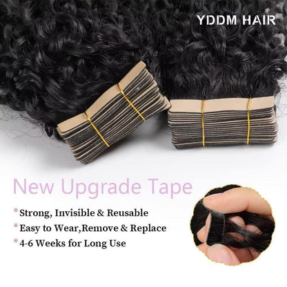 Echthaar Tape Extensions Schwarz Kinky Curly 22 Zoll